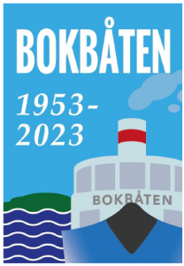 Affisch med illustration på bokbåten och texten bokbåten 1953-2023